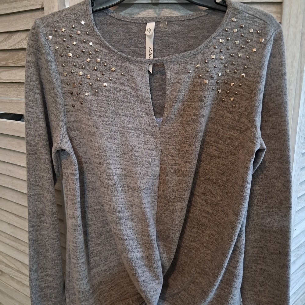 NY Collection Gray Long Sleeve Top with Studded Detail